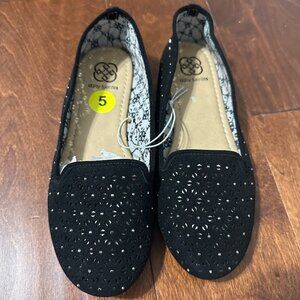 Black Women's Shoes Sparkly Black Flats Laser Cut Diamanté Ballet Flats Size 5